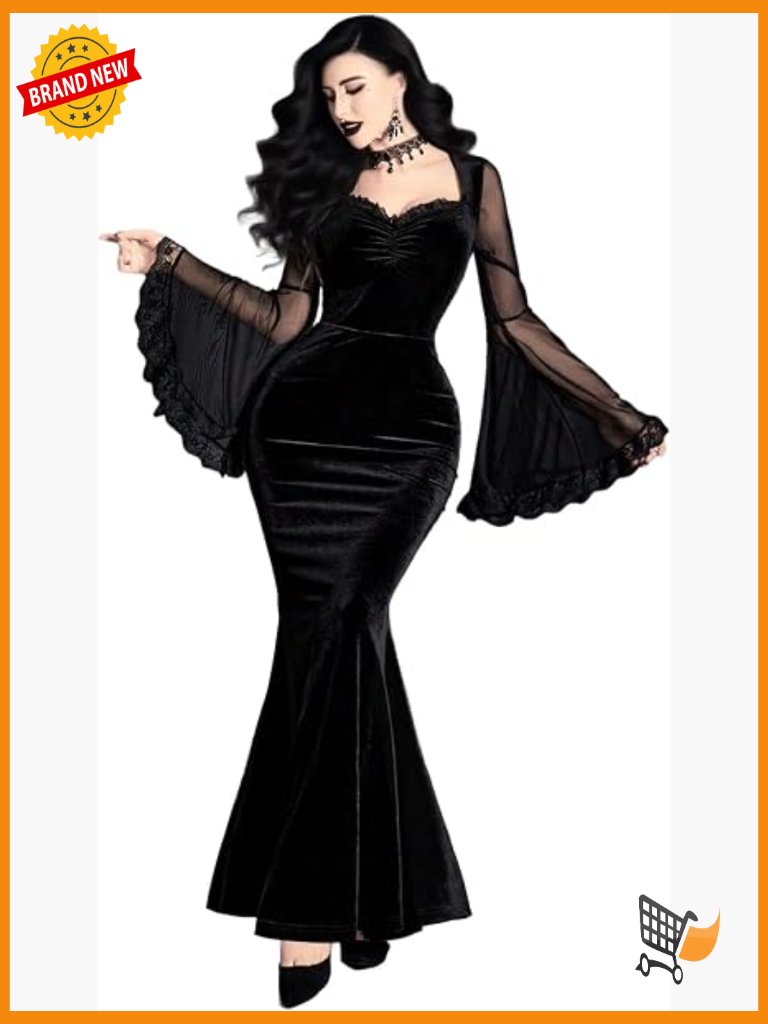 Gothic Velvet Mermaid Dress Mesh Bell Sleeve Lace Trim Corset Waist Maxi